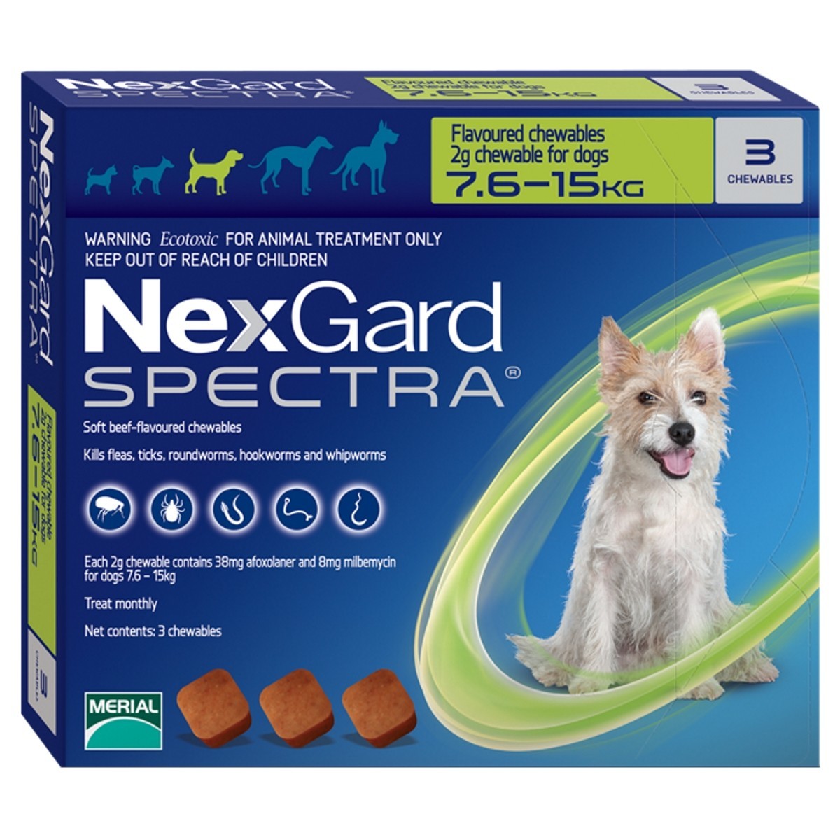 NEXGARD SPECTRA CHEWS FOR MEDIUM DOGS (GREEN) (7.5-15KG) 3'S